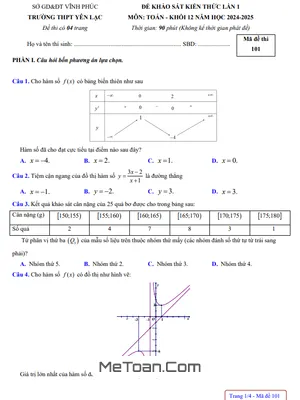 Đề khảo sát lần 1 Toán 12 năm 2024 - 2025 trường THPT Yên Lạc - Vĩnh Phúc