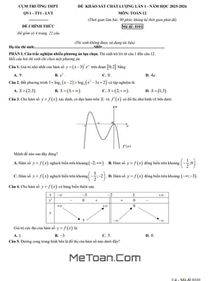 Đề khảo sát chất lượng Toán 12 lần 1 năm 2025 - 2026 cụm THPT Quế Võ 1 - Thuận Thành 1 - Lê Văn Thịnh (Bắc Ninh)