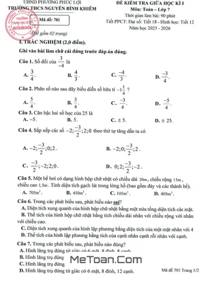 Đề thi giữa kì 1 Toán 7 năm 2025 - 2026 THCS Nguyễn Bỉnh Khiêm, Hà Nội (Có Lời Giải)