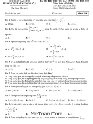 Đề thi thử Toán 11 THPT QG 2019 - 2020 lần 1 trường Yên Phong 1 - Bắc Ninh