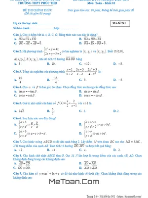 Đề thi học kỳ 1 Toán 10 năm 2018 - 2019 trường THPT Phúc Thọ - Hà Nội