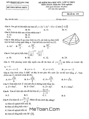 Đề thi HK1 Toán 12 năm 2017 - 2018 Sở GD&ĐT Quảng Trị (có đáp án)