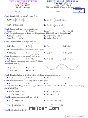 Đề thi giữa kỳ 1 Toán 11 năm 2023 - 2024 trường THPT Thạch Thành 1 - Thanh Hóa