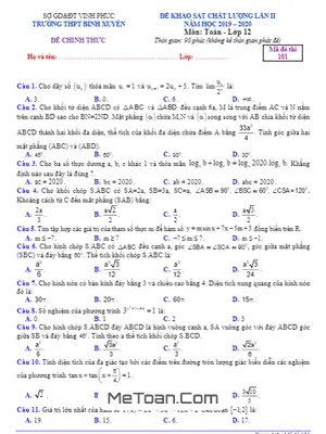 Đề khảo sát lần 2 Toán 12 năm 2019 - 2020 trường Bình Xuyên – Vĩnh Phúc