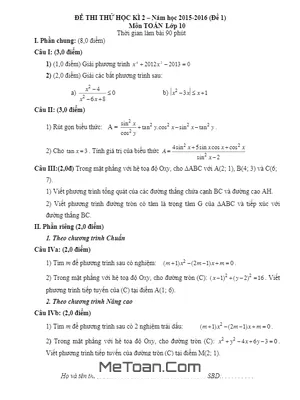 Trọn bộ 5 đề ôn thi học kì 2 môn Toán lớp 10 năm 2015 - 2016 có đáp án