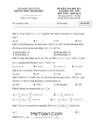 Đề thi học kì 1 Toán 11 năm 2019 - 2020 trường Thanh Miện - Hải Dương