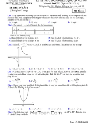Đề thi thử Toán THPT Quốc gia 2020 lần 1 trường Ngô Quyền – Hải Phòng