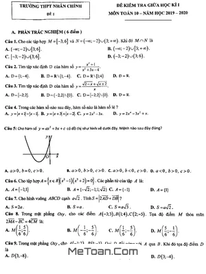Đề thi giữa kì 1 Toán 10 năm 2019 - 2020 trường Nhân Chính - Hà Nội