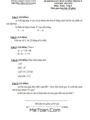 Đề khảo sát tháng 9 Toán lớp 6 năm 2023 - 2024 trường THCS Xã Ta Gia - Lai Châu