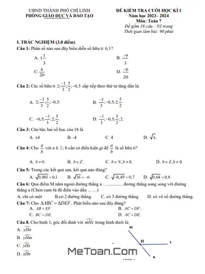 Đề Thi Học Kì 1 Toán Lớp 7 Năm 2023-2024 Phòng GD&ĐT Chí Linh, Hải Dương