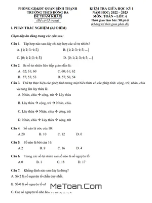 Đề Tham Khảo Giữa Kỳ 1 Toán 6 Năm 2022 - 2023 Trường THCS Đống Đa - TP.HCM
