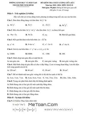 Đề thi giữa kì 1 Toán lớp 8 năm 2023 - 2024 phòng GD&ĐT thành phố Ninh Bình