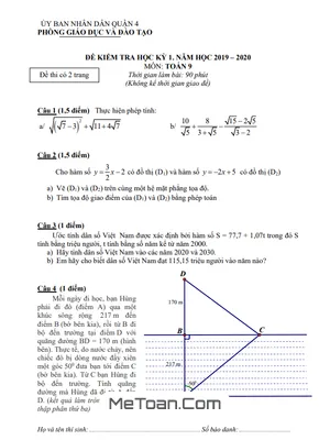 Đề thi học kỳ 1 Toán 9 năm 2019 - 2020 phòng GD&ĐT Quận 4 - TP HCM