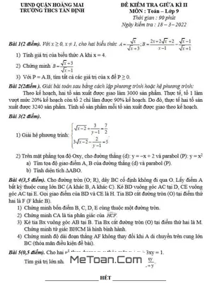 Đề kiểm tra giữa kì 2 Toán 9 năm 2021 - 2022 trường THCS Tân Định - Hà Nội