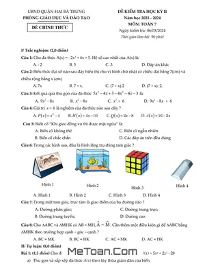 Đề thi học kỳ 2 Toán lớp 7 năm 2023 - 2024 phòng GD&ĐT Hai Bà Trưng - Hà Nội
