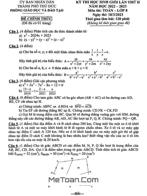 Đề thi học sinh giỏi lần 2 môn Toán lớp 8 năm 2022 - 2023 phòng GD&ĐT Thủ Đức - TP HCM