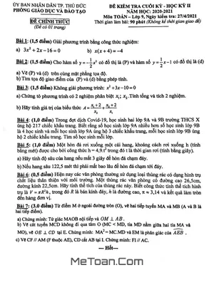 Đề thi cuối kỳ 2 Toán 9 năm 2020 - 2021 phòng GD&ĐT Thủ Đức - TP HCM