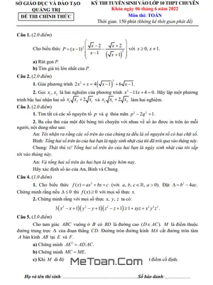 Đề Thi Vào Lớp 10 Chuyên Toán Quảng Trị Năm 2022 - 2023