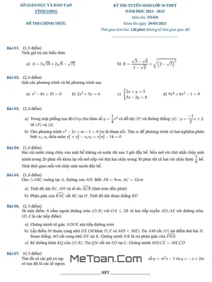 Đề thi tuyển sinh lớp 10 môn Toán Sở GD&ĐT Vĩnh Long năm 2021 - 2022