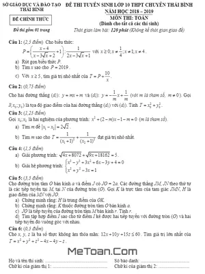 Đề thi tuyển sinh lớp 10 chuyên Toán năm 2018-2019 Sở GD&ĐT Thái Bình (Đề chung)