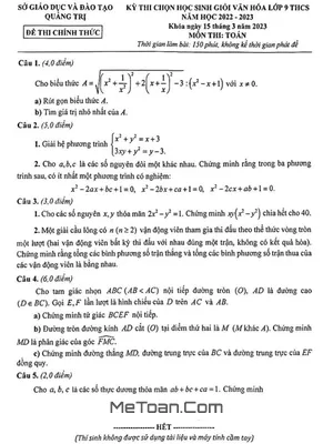 Đề thi chọn học sinh giỏi Toán 9 năm 2022 - 2023 sở GD&ĐT Quảng Trị