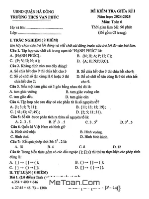 Đề thi giữa kì 1 Toán 6 năm 2024 - 2025 trường THCS Vạn Phúc - Hà Nội