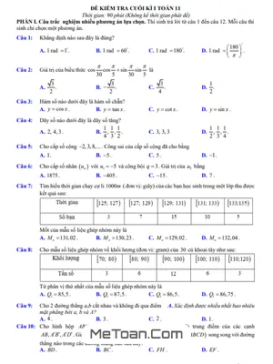 Bộ Đề Kiểm Tra Cuối Học Kì 1 Toán 11 Cấu Trúc Trắc Nghiệm Mới