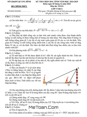 Đề chọn HSG tỉnh Toán 9 năm 2024 - 2025 sở GD&ĐT Quảng Bình