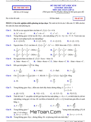 05 Đề Thi Thử Giữa Học Kì 2 Môn Toán 12 Năm Học 2024 - 2025 Có Đáp Án