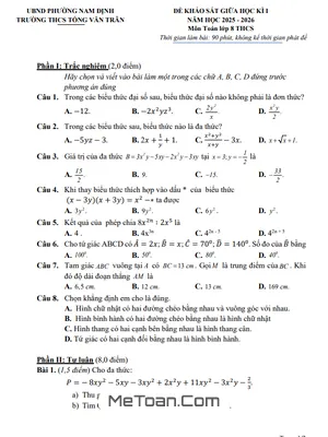 Đề thi giữa học kỳ 1 Toán 8 năm 2025 – 2026 trường THCS Tống Văn Trân - Ninh Bình