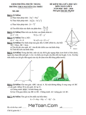 Đề Thi Giữa Học Kỳ 1 Toán 8 Năm 2025 - 2026 Trường THCS Nguyễn Gia Thiều, TP.HCM (Có Đáp Án)