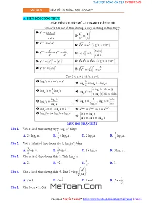 Tổng Ôn Tập TN THPT 2020 Môn Toán: Hàm Số Lũy Thừa - Hàm Số Mũ - Hàm Số Logarit