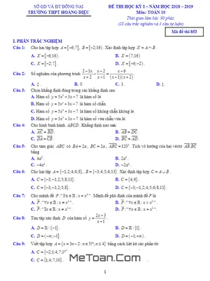 Đề thi HK1 Toán 10 năm học 2018 - 2019 trường THPT Hoàng Diệu - Đồng Nai (Mã đề 853)