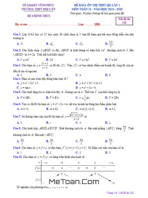 Đề KSCL Toán 12 lần 1 năm 2019 – 2020 trường Đội Cấn – Vĩnh Phúc có đáp án