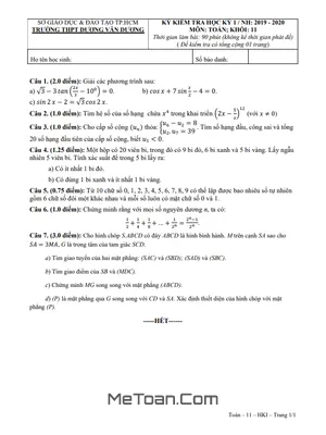 Đề thi HK1 Toán 11 năm 2019 - 2020 trường THPT Dương Văn Dương - TP HCM