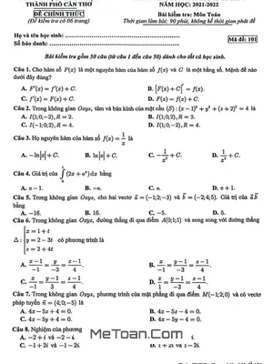 Đề thi cuối kỳ 2 Toán 12 năm 2021 - 2022 sở GD&ĐT thành phố Cần Thơ
