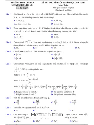 Đề thi học kì 2 Toán 12 năm 2016 - 2017 trường THPT chuyên Nguyễn Huệ - Hà Nội
