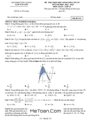 Đề thi học sinh giỏi Toán 12 năm 2022 - 2023 cụm Tân Yên - Bắc Giang