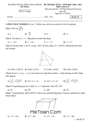 Đề thi cuối HK2 Toán 11 năm 2020 - 2021 trường Long Thạnh - Kiên Giang