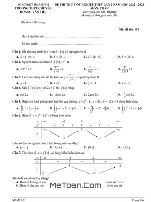 Đề thi thử Toán TN THPT 2023 lần 2 trường chuyên Hoàng Văn Thụ – Hòa Bình
