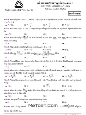 Đề thi thử Toán THPTQG 2018 trường THPT Lương Thế Vinh – Hà Nội (lần 2) có đáp án