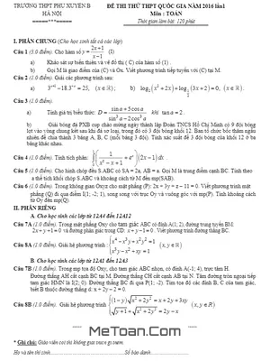 Đề thi thử THPT Quốc gia 2016 môn Toán trường Phú Xuyên B – Hà Nội lần 1
