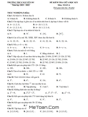 Đề thi giữa kì 1 Toán 6 năm 2021 - 2022 trường THCS Nguyễn Du - Hà Nội (có lời giải)