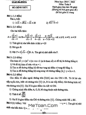 Đề thi học kì 1 Toán 9 năm 2019 - 2020 phòng GD&ĐT Hà Đông - Hà Nội