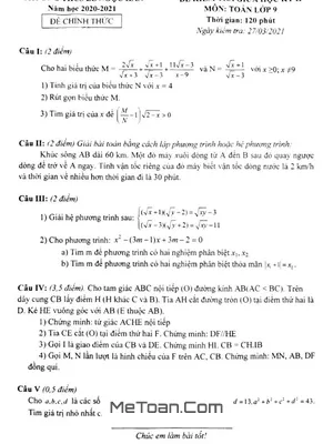 Đề thi giữa kỳ 2 Toán 9 năm 2020-2021 trường Lê Ngọc Hân - Hà Nội