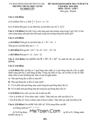 Đề tham khảo cuối kì 2 Toán 7 năm 2023 - 2024 phòng GD&ĐT Củ Chi - TP HCM