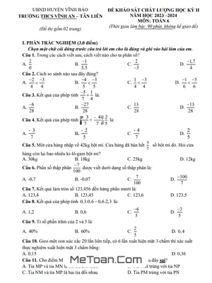 Đề thi học kỳ 2 Toán lớp 6 năm 2023 - 2024 trường THCS Vĩnh An - Tân Liên - Hải Phòng