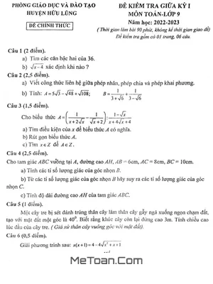 Đề thi giữa kỳ 1 Toán 9 năm 2022 - 2023 phòng GD&ĐT Hữu Lũng, Lạng Sơn