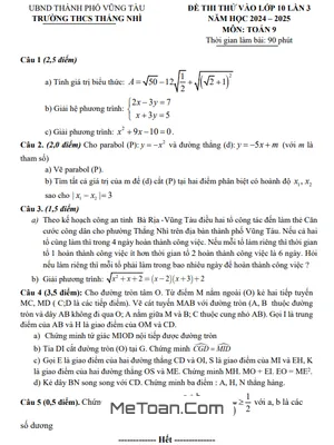 Đề thi thử Toán vào lớp 10 lần 3 năm 2024 - 2025 trường THCS Thắng Nhì - BR VT