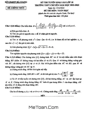 Đề thi tuyển sinh lớp 10 chuyên Toán (chuyên) năm 2022 - 2023 Sở GD&ĐT Hà Giang
